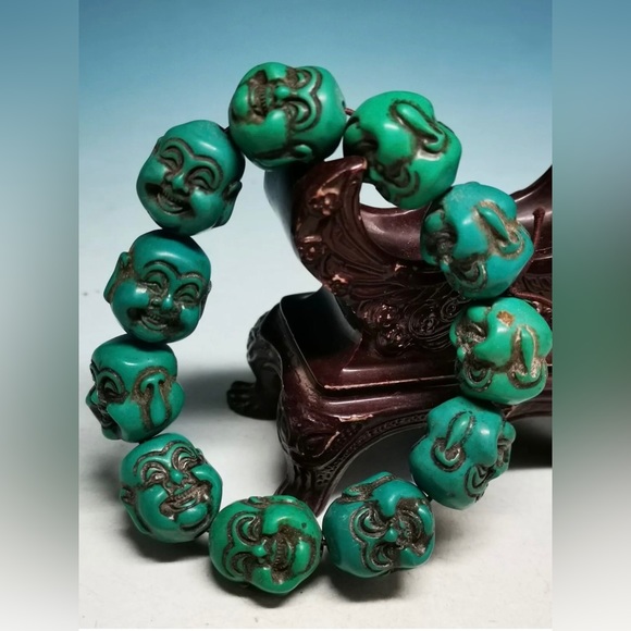 Good Chinese Old Exquisite Blue Turquoise Carved Buddha Head Bracelet Sd4 - Picture 1 of 8